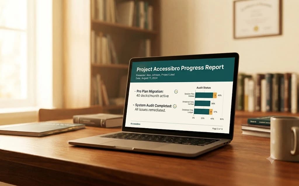 Laptop on a warm wooden desk in a home office, showing an Accessibro progress-report slide with an audit status chart